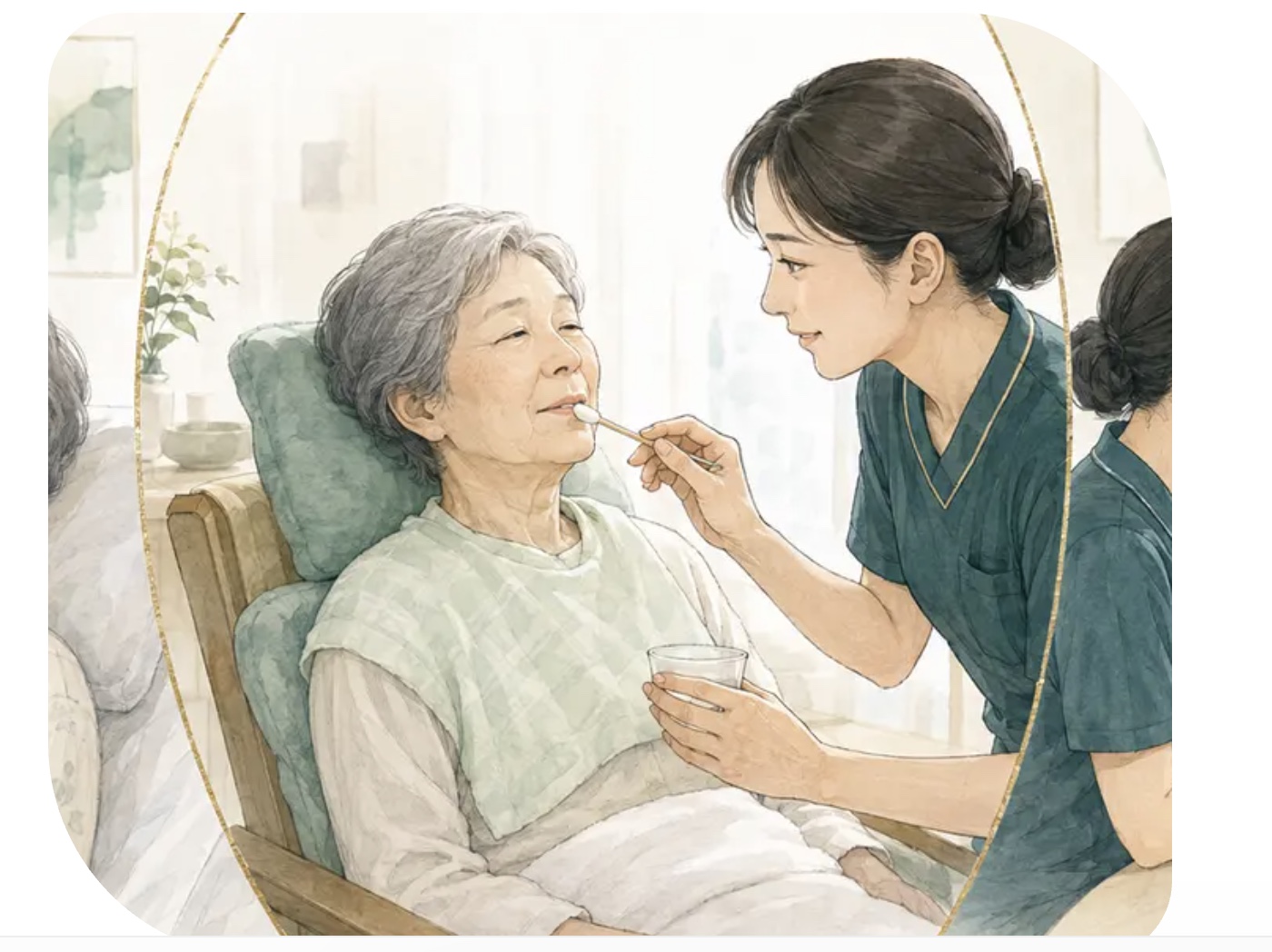 看護・介護の専門職が高齢者の表情を見ながら、やさしくお口のコンフォートケアを行うイラスト